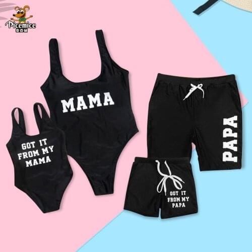 2020 Fashion Family Matching Swimsuit Mom Girls One-piece Swimwear Men Boys Swim Trunks Letter Swimwear Black Parent-kids Bikini
