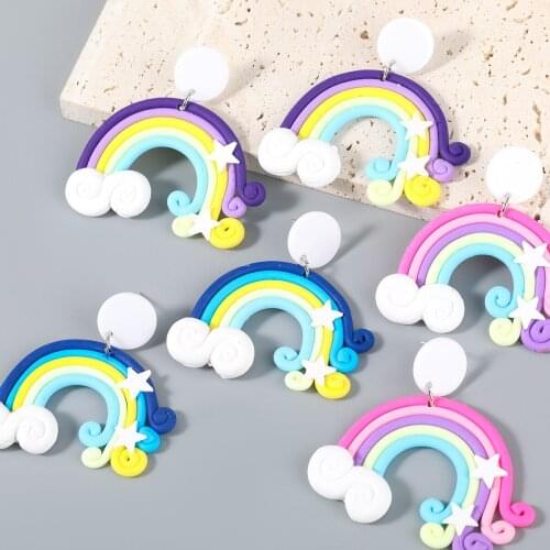 Fashion Metal Resin Soft Pottery Star Rainbow Earrings Female Popular Exaggerated Dangle Earrings Party Accessories