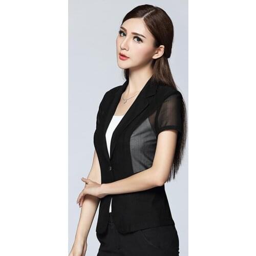 New Cardigan Single Button Short-sleeve Thin Mesh Suit Women Short Profession Office Lady Shawl Jacket Female Summer 2021 Y78