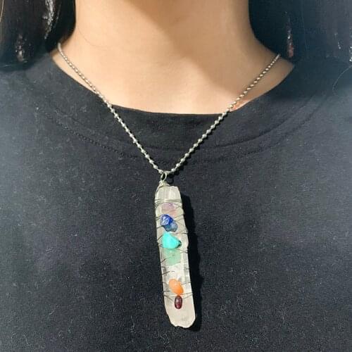 Natural White Crystal Column Rough Stone Pendant Necklace for Women Chakra Multi Color Natural Stone Pendant
