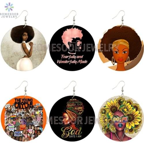 SOMESOOR Soul Sunflower Afro Natural Hair Dope Wooden Drop Earrings Wonderfully Made Printed God Loops Dangle For Women Gifts