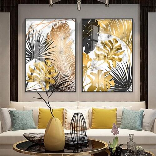 Black gold leaf plants modern diamond painting abstract home decor wall art painting nordic picture living room decor