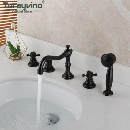Torayvino Bathroom 5Pcs Bathtub ORB Black Shower Faucets Combo Set Deck Mounted Solid Brass Hot & Cold Water Basin Mixer Tap