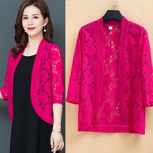 5xl Big Size Women Jackets Three Quarter Sleeve Solid Lace Patchwork Thin Coat New 2020 Ladies All Match Casual Open Stitch Tops