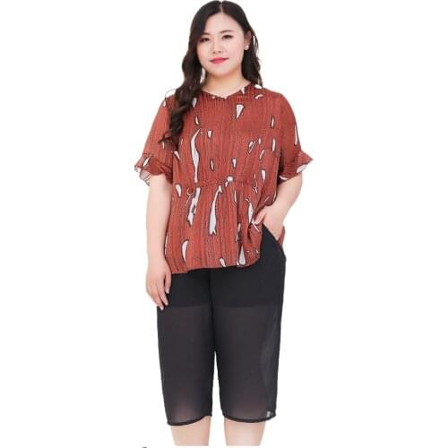 Leisure Summer Suits Loose High Waist Blouse Top + Chiffon Wide-leg Pants Women Two Piece Sets 59T097