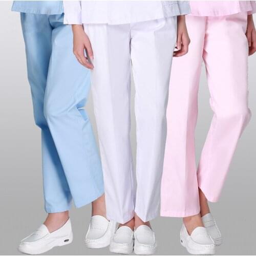 Womens Scrub Pant Solid Color White/Pink/Blue Straight Leg Natural Rise Polyester/Cotton Workwear Work Bottoms