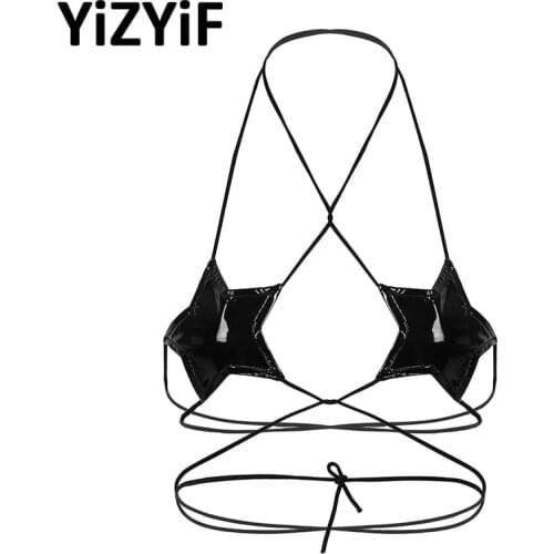 Womens Sexy Bra Tops Erotic Lingerie Set Wet Look Patent Leather Halter Neck Strappy Wrap Around Star Shaped Bralette Bra Top