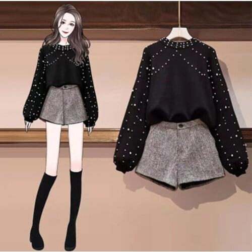 High Quality 2019 New Autumn Winter Two Piece Set Tracksuit Women Elegant Beading Knitted Sweater+shorts Ladies Outfits