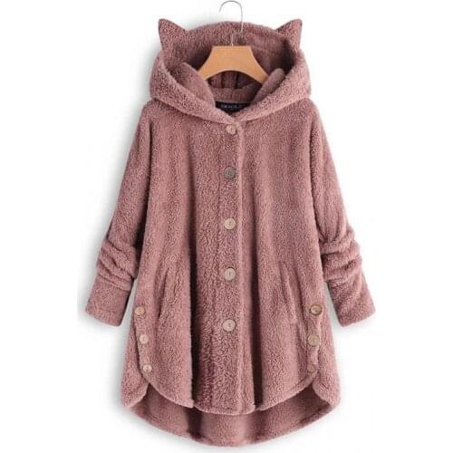 Autumn Winter Fashion European American Women Mid-Length Swallowtail Button Hooded Cute Pink Cat Ears Coral Fleece Coat Female