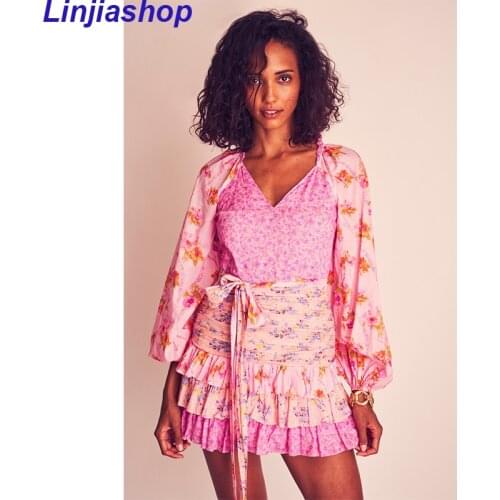 V-neck color matching floral print summer dress puff sleeve high waist sweet temperament short holiday mini dress