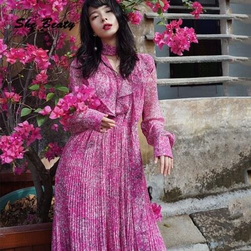 Pink Floval Printed Summer Dress Woman Pleated Lace Up Long Sleeve Chiffon Vacation Elegant Vintage Boho Midi Dresses Robe femme
