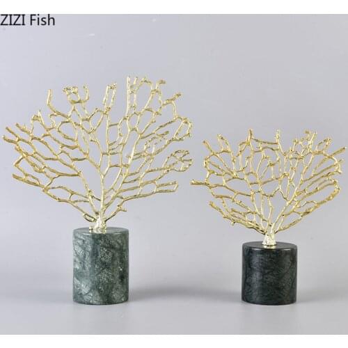 Golden Coral Artwork Ornaments Marble/Crystal Base Modern Decor Sculpture Coral Crafts Living Room Decoration Furnishings