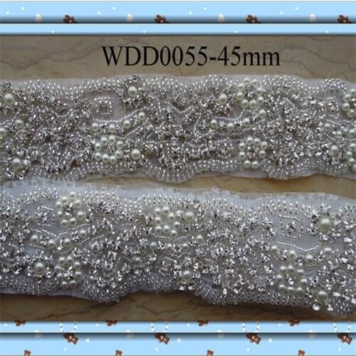 10 yards) Wholesale iron on bridal beaded rhinestone pearl applique trim for wedding evening dress sash WDD0055