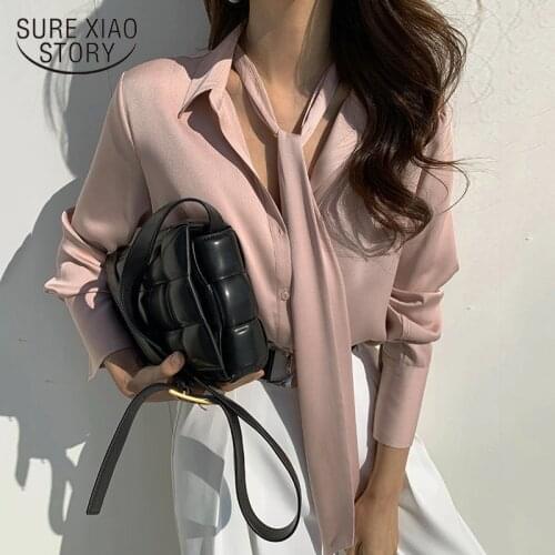 2021 Korean Lace Up Chiffon Women Shirts Tie Casual Vintage Long Sleeve Women Blouse Plus Size Loose Women Clothing Blusas 13335