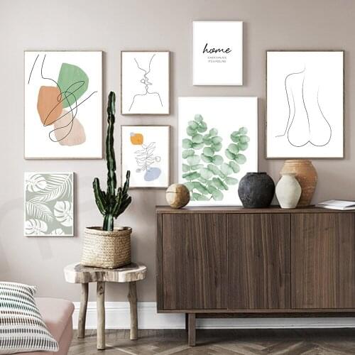 Abstract Line Couple Kiss Print Canvas Naked Woman Wall Art Posters Palm Monstera Leaves Pictures Painting For Livingroom Decor