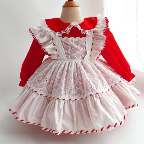 Baby Girl Red Christmas Thanksgiving Dress Lace 2pcs Vintage Spanish lolita Princess Ball Gown Dress for Girl Party Birthday