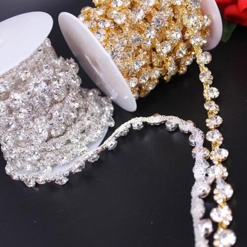 20Yards Fancy Silver Gold Base Close Rhinestone Cup Chain, Rhinestone Chain Trim For Wedding Dress