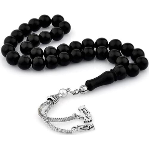 Natural Jet Stone Prayer Bead With Silver Tassel Men Rosary Islamic Tasbih With Turkish Map Tassel 925 Sterling Silver