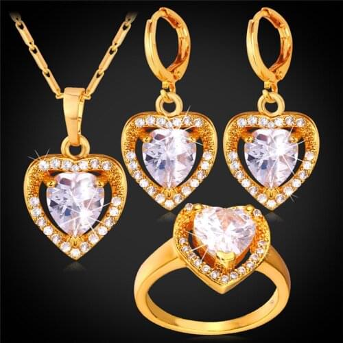 Zirconia Heart Jewelry Earrings Ring Pendant Necklace Set Gold Color Bridal Wedding Jewelry Set For Women PER1155