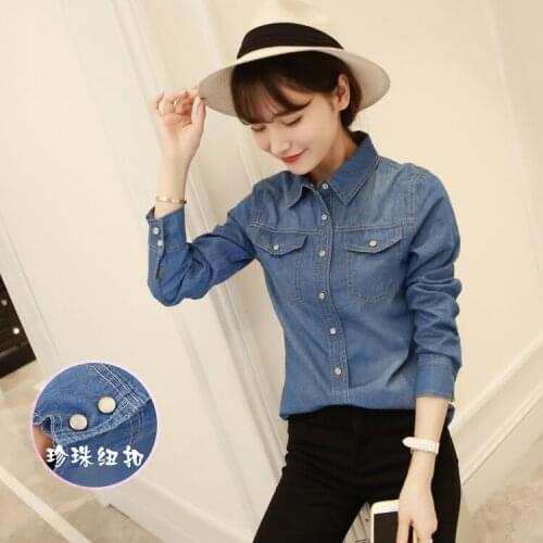 Denim shirt female autumn long sleeved cotton large code Han Fan cowboy shirt college girls dress shirt