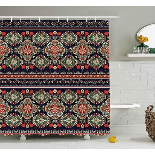 Ethnic Decor Shower Curtain Arabesque Traditional Folk Motif with Floral and Geometric Shapes Image Bathroom Waterproof Curtains