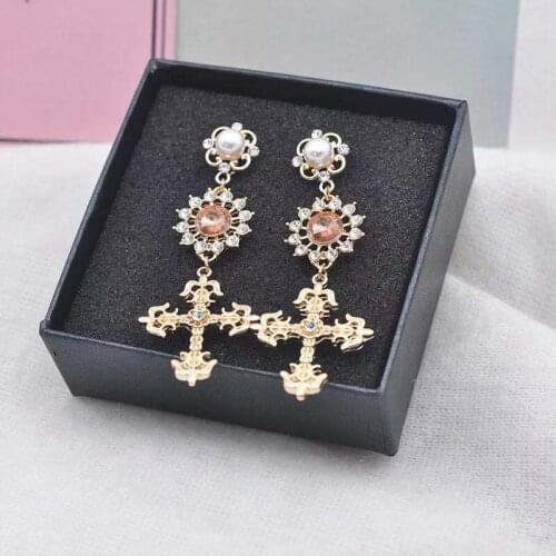 Fashionable creative colorful exquisite pearl cross inlaid rhinestone earrings wild temperament student couple earrings