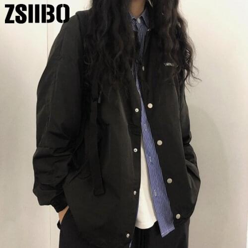 Harajuku Loose Jacket female wind breaker Autumn Bomber single breasted Jacket Student BF Turn-down collar large size Basic Coat