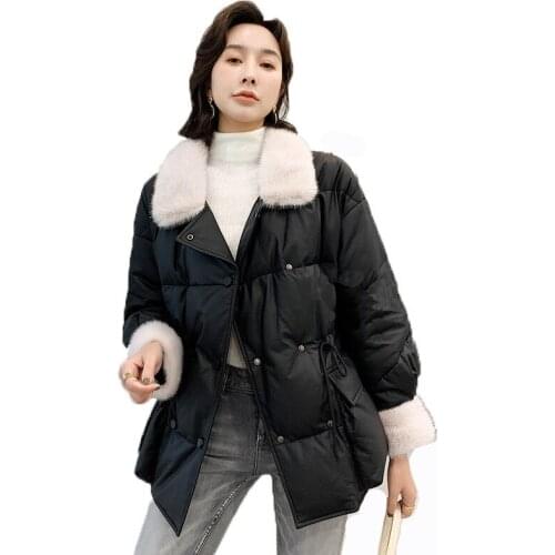 Luxury Sheepskin Leather Suede Coat Duck Down Lingning Mink Fur Collar Cuff Winter Women Suit LF21024BM