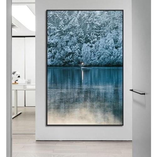 Peaceful Snow Scenery Canvas Painting Wall Art Abstract Lake Landscape Picture Poster and Print Wallpaper Living Room Decoration