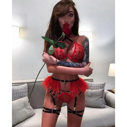 Sexy Woman Lace Sheer Stitching Teddy Tights Halter Underwear Thong Underclothes Pajamas Doll Set