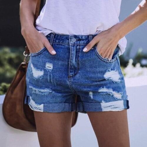 DIFIUPAI Womens Shorts Mid Waist Asymmetrical Ripped Jean All-match Cuffs Denim Shorts for Streetwear High Stretch Booty Pants