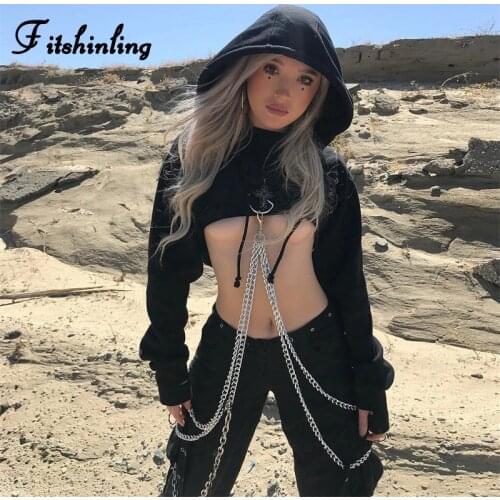 Fitshinling Chain Autumn Winter Hoodies For Women Goth Grunge Long Sleeve Slim Hoody Female Cool Punk Hooded Sweatshirt Sale