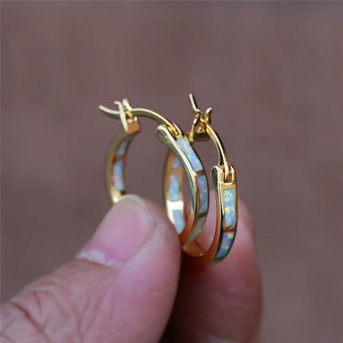 Boho Female Blue White Opal Earrings Yellow Gold Color Wedding Earrings For Women Vintage Bride Round Big Hoop Earrings