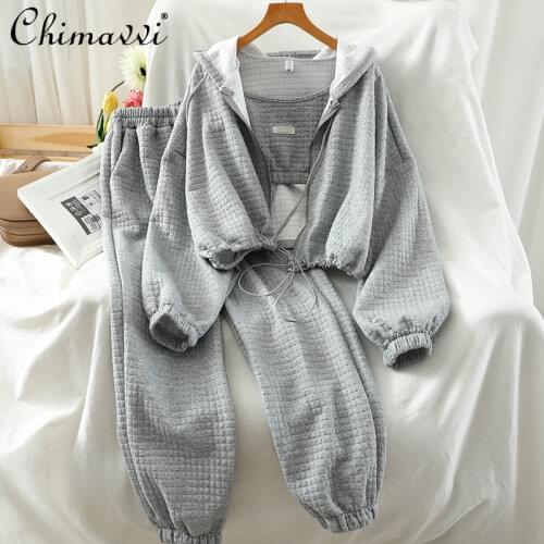 New Autumn Sports Suits Casual Set Women Solid Short Cropped Hoodie Jacket with Sling Hooded Jacket Long Pants 3 Piece Tracksuit