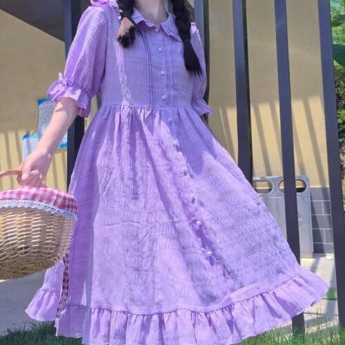 Girls' Sweet Hipster Purple Cute Girls Dress Single-Breasted Lace-up Bell Sleeve Loose Dress Summer renaissance lolita dress