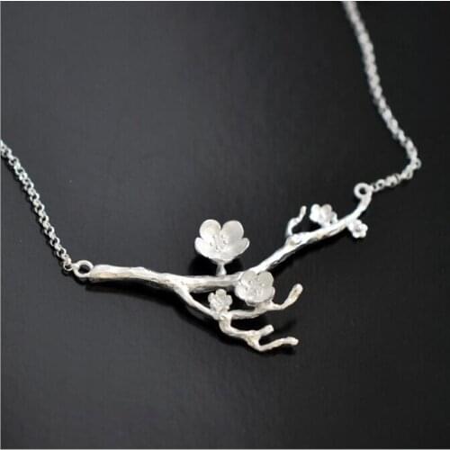 Fashion Delicate Cherry Blossom Flowers Branch 925 Sterling Silver Necklace for Ladies Elegant Women’s Accessories Colar SN274