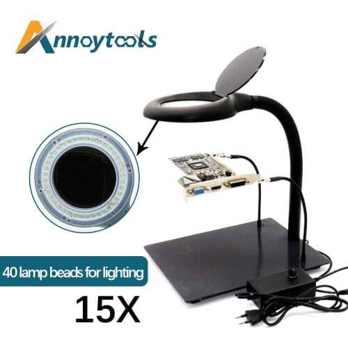 15X lens Auxiliary Clip Welding Magnifying Glass with LED Light,40 lamp beads Desktop Magnifier Third Hand Soldering Repair