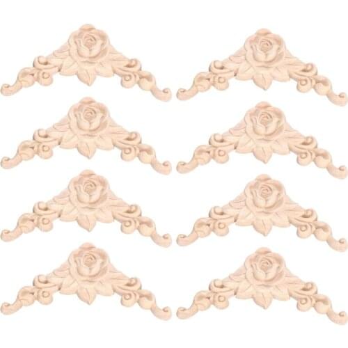 8Pcs Carved Unpainted European Exquisite Floral Leaves Furniture Window Corner Wood Applique Onlay Wood Carving