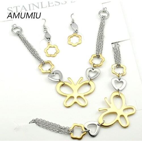 AMUMIU Fashion Butterfly Heart Jewelry set Stainless Steel Necklace Earring Bracelet Womens Brand HZTZ025