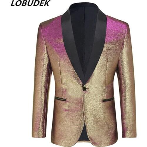 Shawl Collar Shiny Silk Suit Jackets Men Singer Host Slim Thin Blazers Tuxedo Stage Clothes Prom Wedding Groom Suit Coat Costume