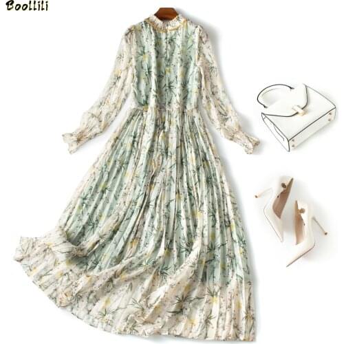 Boollili Vintage Elegant Chiffon Maxi Dress Women Clothes Ladies Dresses Spring Long Sleeve Korean Floral Women Dress Vestidos