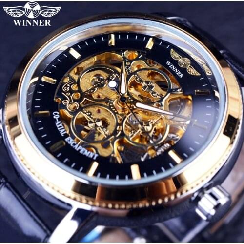 Winner 4 Ring Designer Transparent Case Back Black Golden Skeleton Mens Watches Top Brand Luxury Mechanical Watch Men Wristwatch