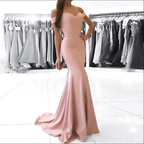 Cheap Dusty Pink Off Shoulder Mermaid Prom Dresses Vintage Sheath Evening Gown Long Formal Satin Bridesmaid Party Dress