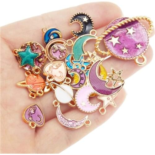 Julie Wang 20PCS Enamel Charms Mixed Planet Star Crescent Moon Zinc Alloy Gold Tone Pendant Bracelet Jewelry Making Accessory