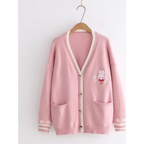 Women Spring Autumn Sweaters Japan Mori Girls V Neck Drop Shoulder Cartoon Rabbit Embroidery Sweet Loose Cardigans for Student