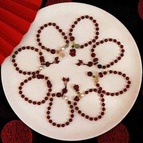 Natural Freshwater Pearls Hand Carved Cinnabar Women Men Couple Bracelet Dark Red Brave Troops Lucky Bracelets on Hand YBR216