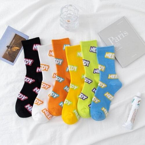 Letter NEEDY Womens Socks Fashion Hip-hop Sports Funny Harajuku Bright Colored Socks Korea Cute Fluorescent Green Cotton Socks