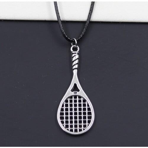 New Durable Black Faux Leather Badminton Tennis Racket Pendant Cord Choker DIY Necklace Retro Boho Tibetan Silver Color