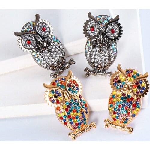 Origin Summer Fashion Animal Owl Dangle Earring for Women Femme Multicolor Bling Bling Rhinestone Gold Metal Earring Jewelry