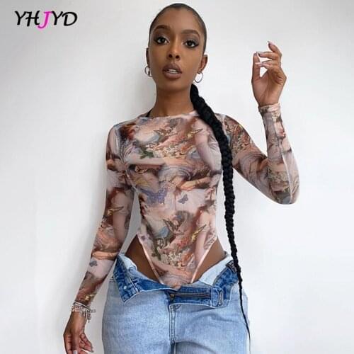 Women Sexy Bodysuit Autumn Winter 2020 Long Sleeve Vintage Print Y2k Clothing Womens Fashion Streetwear Outfits High Leg Body